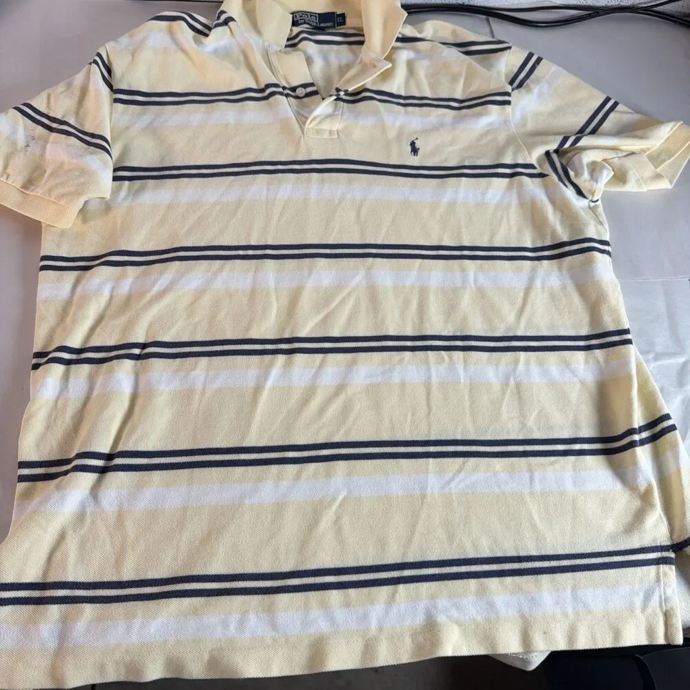Ralph Lauren Polo Shirt - Yellow with Blue And White Stripes - XL